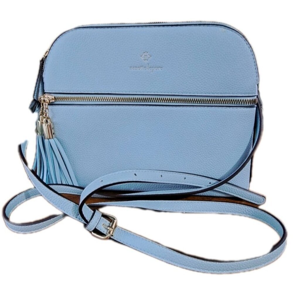 Nanette Lepore Lonnie Light Blue Vegan Leather Large Crossbody Zippers Tassels